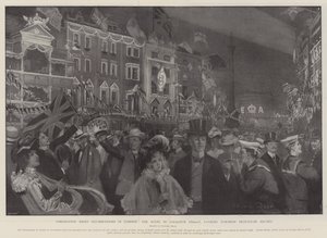 Illuminations de la nuit du couronnement à Londres, la scène dans Cockspur Street, en direction de Trafalgar Square
